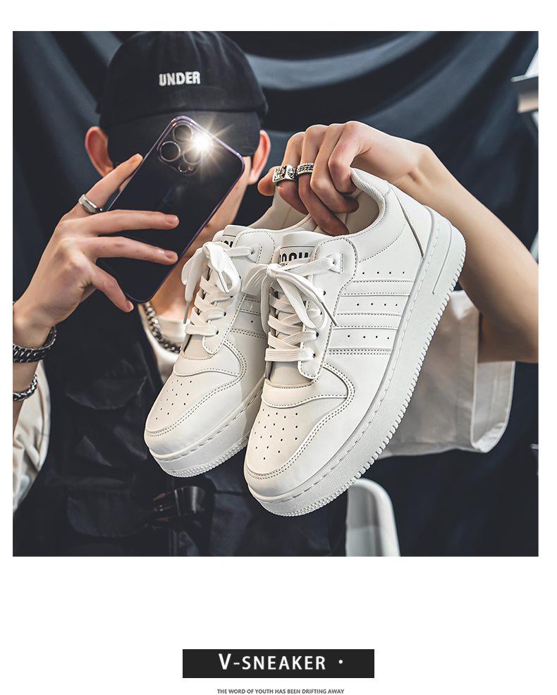 Men's Autumn Leather Breathable Casual Sneakers - Trendy All-Match White Shoes for Teenagers and Students
