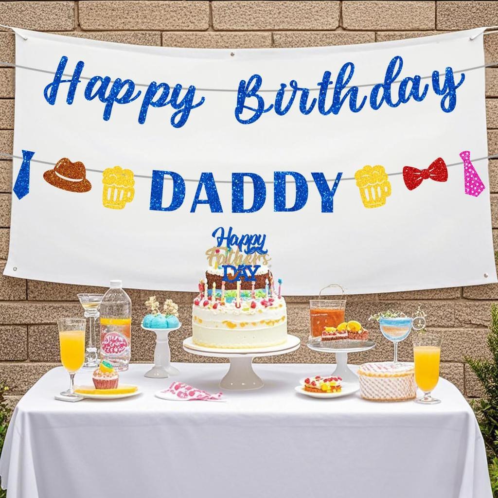 Glitter Happy Birthday Banner for Fathers Party Decoration Pre-Strung Celebration Blue Flag Cake Banner Happy Daddy Bold Letter Sign We Love Dad