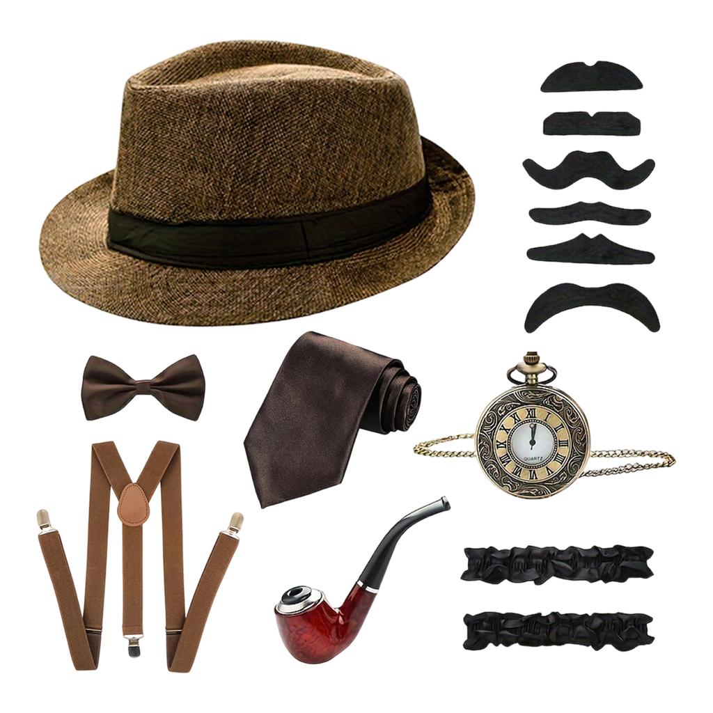 1920s Vintage Men Accessories Set Fedora Hat Suspenders Bow Tie Pocket Watch Smoking Pipe Mustache Stickers for Party Costume