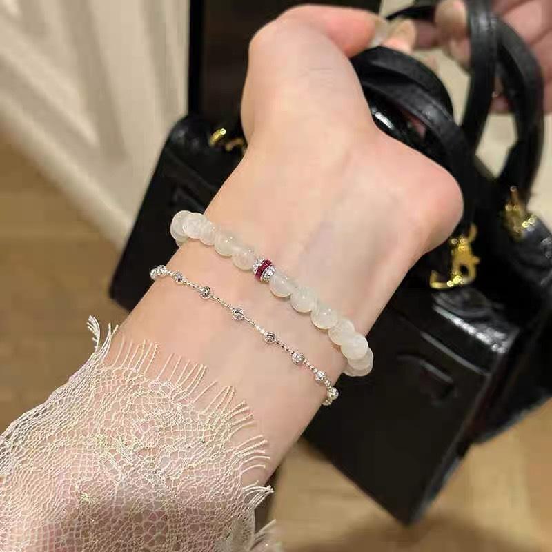 Romantic lover~Gentle New Chinese Style White Moonlight Bracelet with Green Agate Inlaid with Ruby Fortune Beads White Moonlight Bracelet
