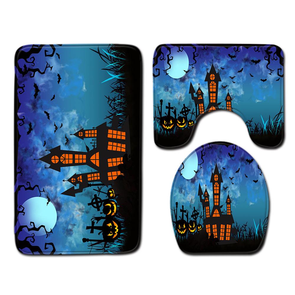 Halloween Shower Curtain Floor Mat Combination Four-Piece Set Bathroom Toilet Carpet Shower Room Foot Mat