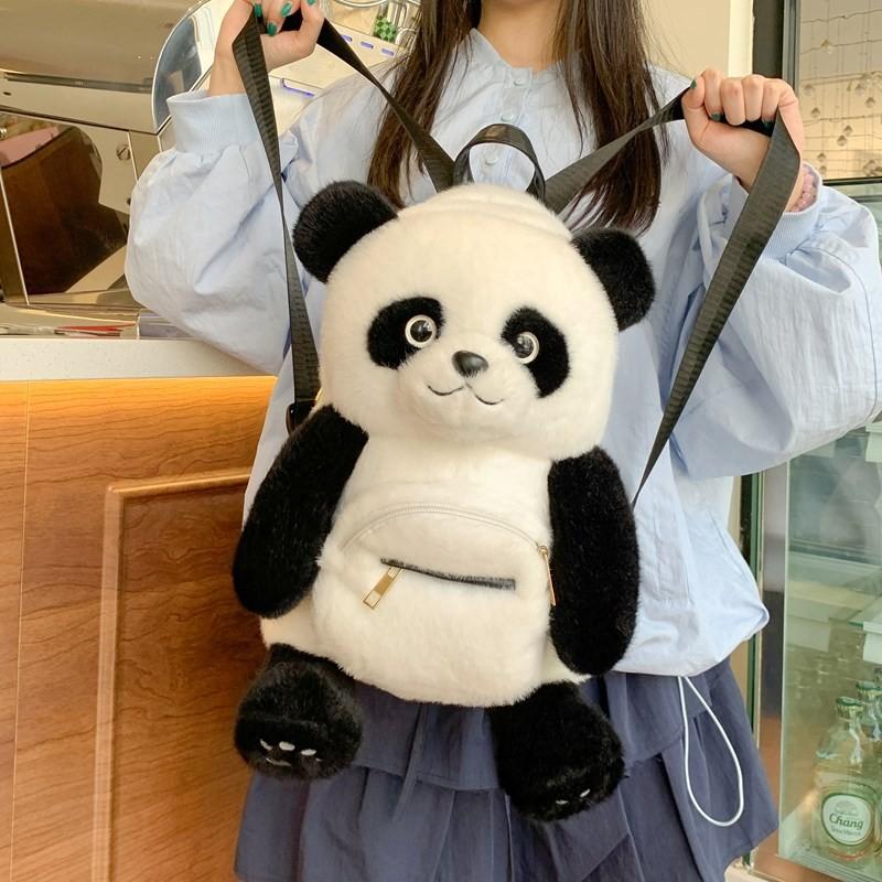 Panda Plush Backpack Cartoon Soft Doll Bag With Zipper For Daily Use