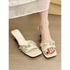 Cold and White! Temperament Satin Square Head with Rhinestone Buckle Cat and Sandals Women's Summer Stiletto Sandals