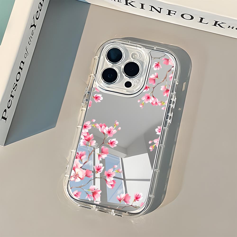 Pink Cherry Blossom Floral Back Mirror Phone Case For iPhone 17 16 15 Pro 14 13 12 11 Pro Max 7 8 Plus 17 Air X XR XS Soft Cover