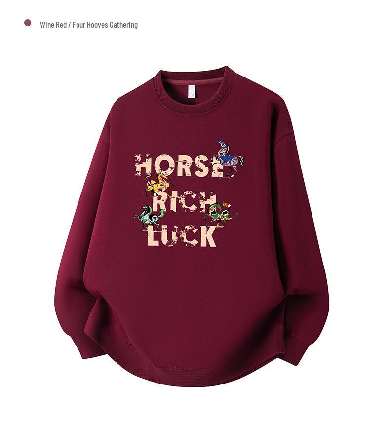 2025 Unisex Red Round Neck Year of the Horse Sweatshirt with Custom Logo, Thickened for Annual Meeting.