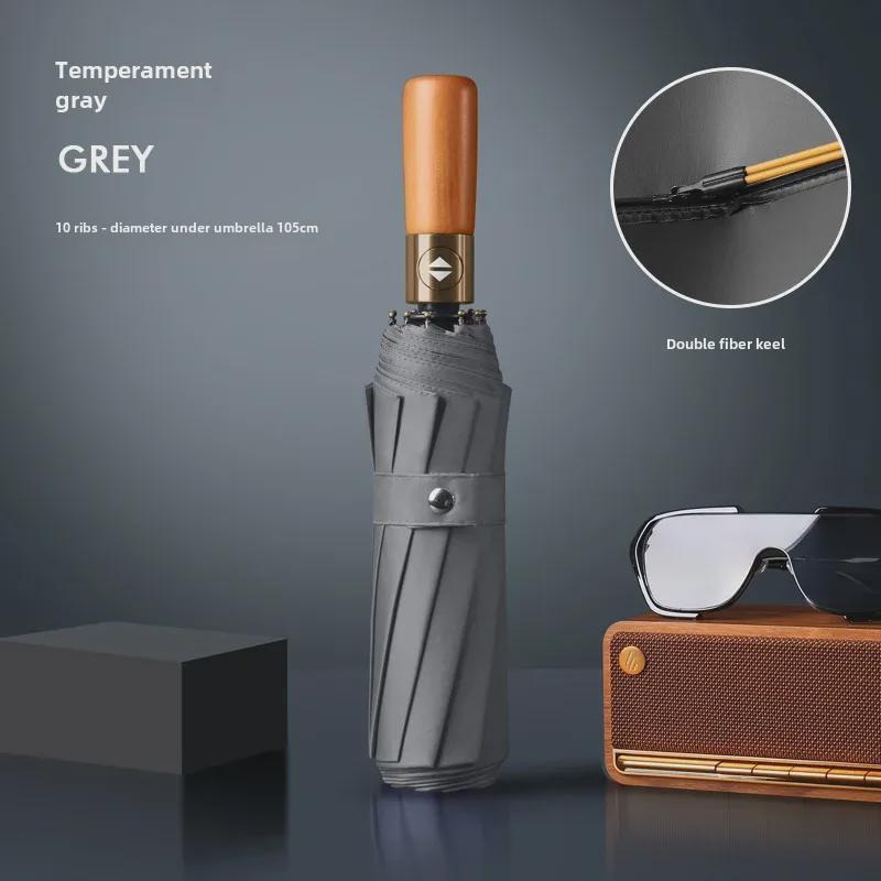 Automatický skládací deštník s 24 žebry: Odolný proti větru, Dřevěná rukojeť, Slunce a déšť, Černý, Unisex