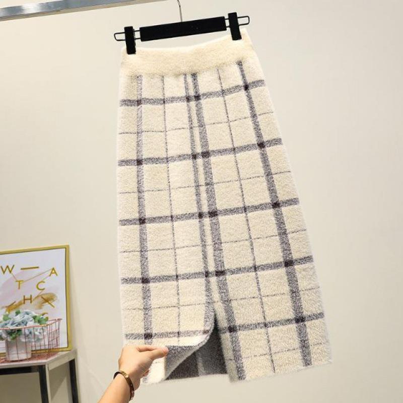 Höst- och Vinter Dam Plus Size Förtjockad Varm Mellanlång Stickad Kjol Bekväm Enfärgad Vindtät Varm Kjol