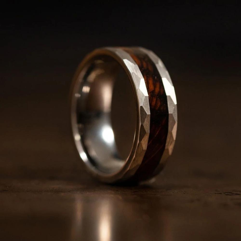 8MM  Hammered Silver Color Men Stainless Steel Rings Koa Wood Rings for Men Wedding Band Jewelry Party Ring Dropping Ship