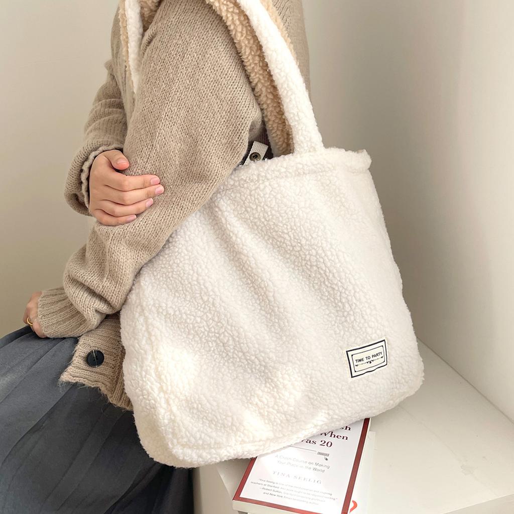 Soft Plush Women's Double Side Shoulder Bag Female Furry Large Shopping Bag Faux Lamb Wool Student Girls Book Tote Handbags