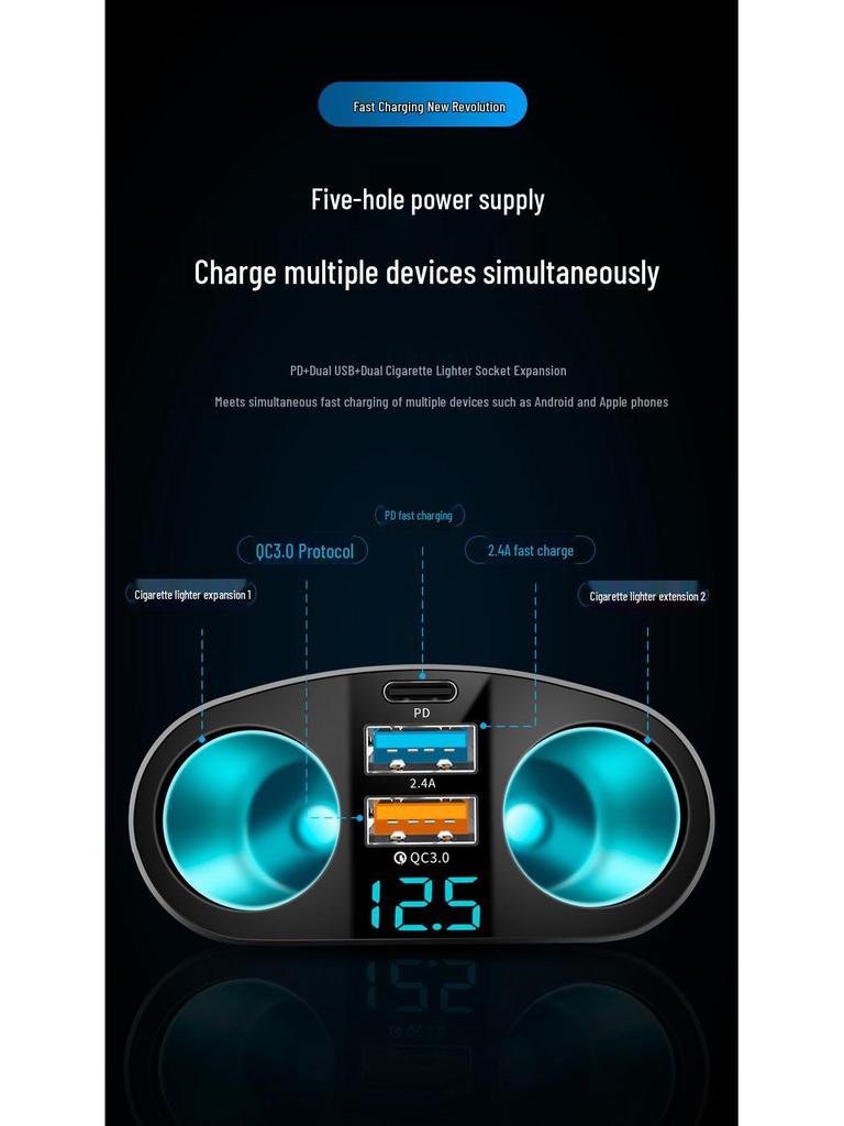 Dual USB-C Car Charger with Digital Display & QC3.0 Fast Charge