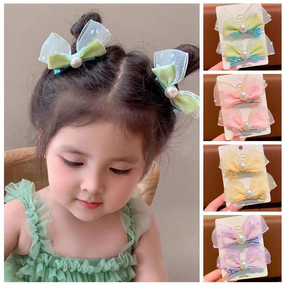 SEEWEN Hair Clips, Ribbons, Hair Ornaments, Barrettes, Cute Pearl Hairpins, 4 Pairs (Set of 8), Organza Fabric, for Women, Girls, and Kids, Perfect