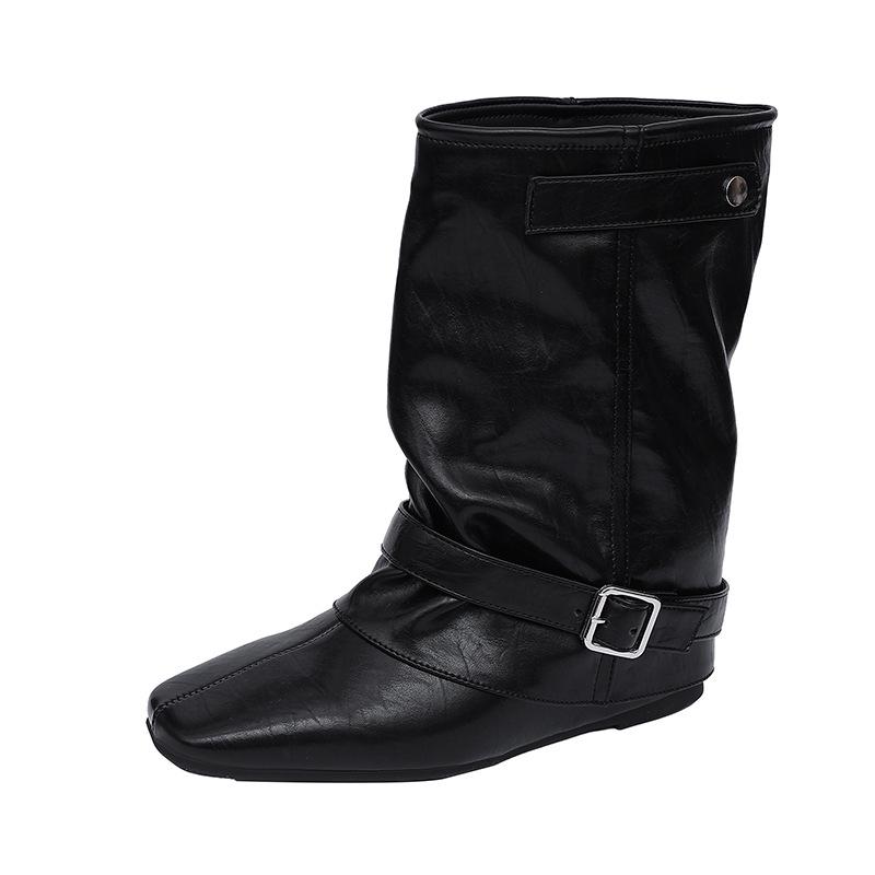 6Cm~ Autumn And Winter Maillard Pile Short Boots Women'S Inner Height Increasing Square Head Folds Skinny Boots Thick Heel Retro