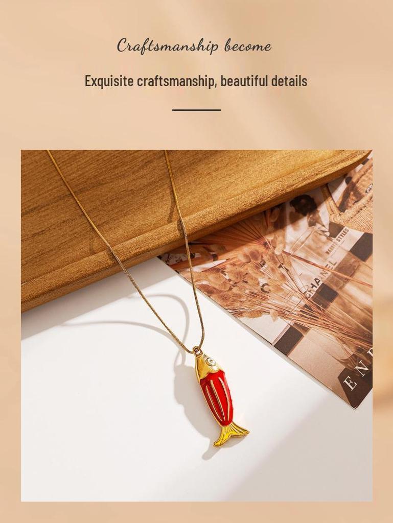 Waterproof Red Enamel Fish Pendant Necklace in Stainless and Titanium Steel with 18K Gold Plating