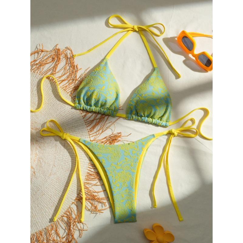 Women's Bikini Split Printed Push Up Bra Tie Side Thong Swimwear Fashion Mesh Patchwork Triangle Lace-up Thong Bathing Suits