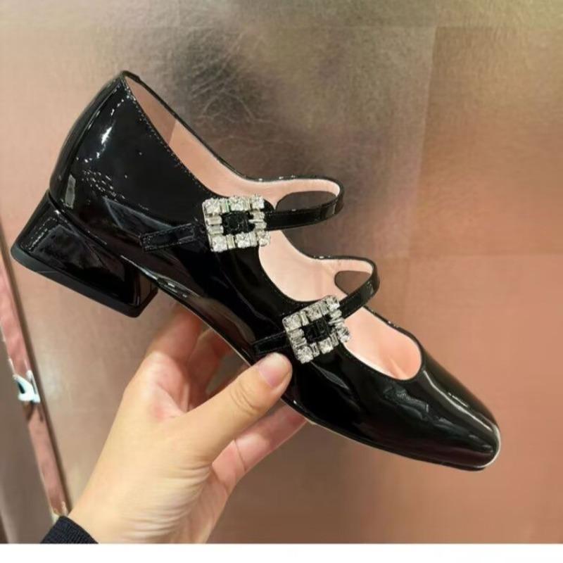 

Новый стиль Мэри Джейн Массивный каблук Женские Квадратный носок Высокий темперамент Линия со стразами Патентная кожа Профессиональная обувь 40
