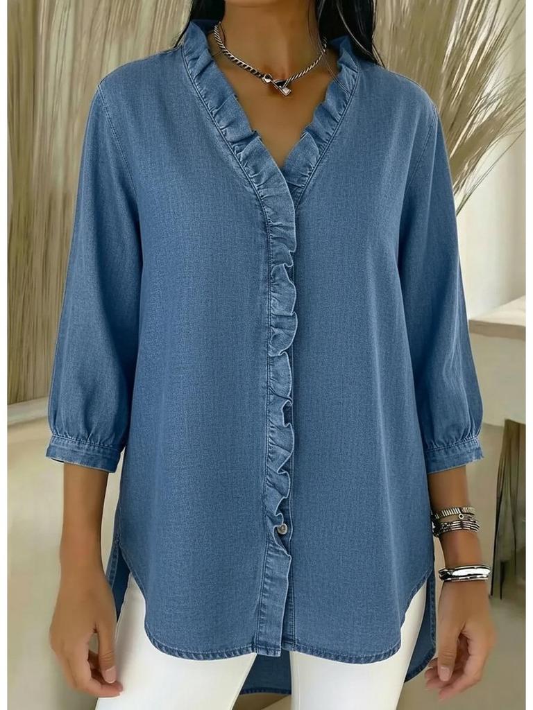 2026 Spring/Summer Women's Casual Faux Denim V-neck Ruffle Shirt Top