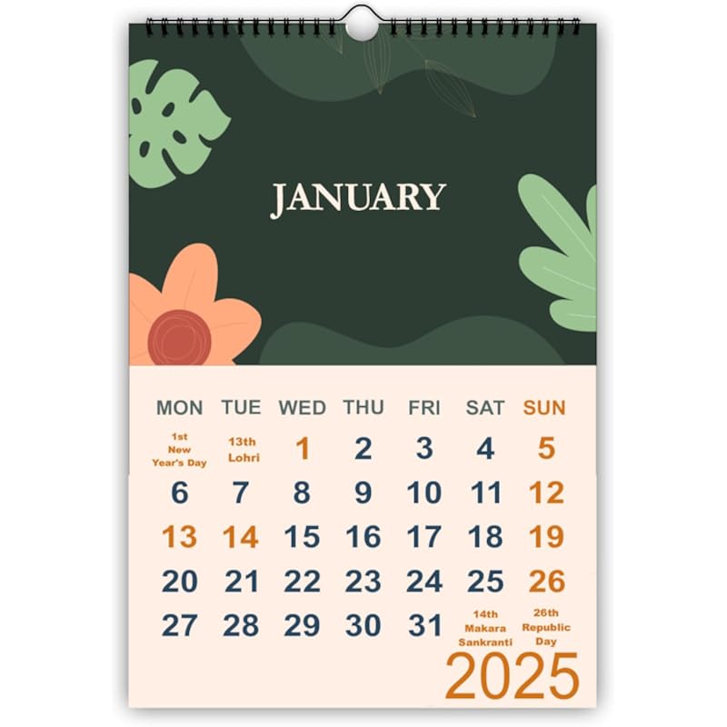 Accuprints 2025 Wall Calendar 12 Monthly Wall Calendar,Size (43X30) Cm, Green Floral Design, Twin-Wire Binding, Large Ha