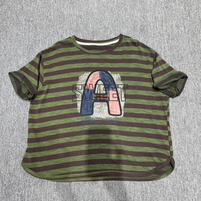 Vintage Striped Graphic T-Shirt Women - Loose Fit Round Neck Short Sleeve Summer Top, Retro Washed Print Tee One Size светло-зеленый