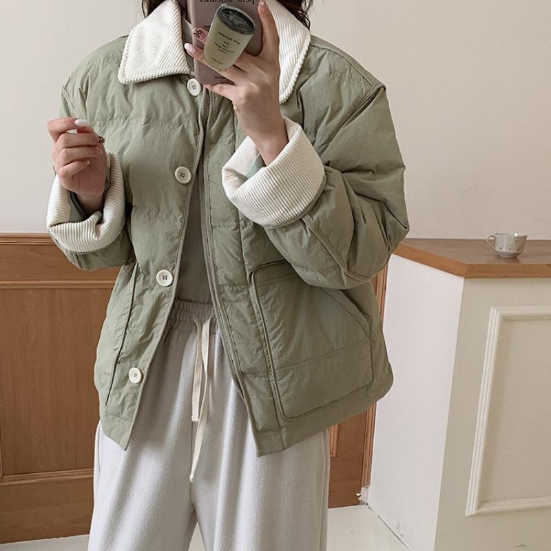 

Khaki short down jacket women s new design sense small loose fashion splicing warm jacket S