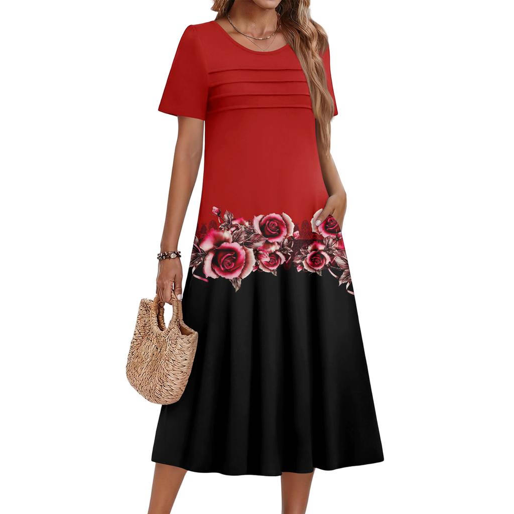 Damenkleid mit Blumenmuster, lässig und modisch, kurzärmelig, Rundhalsausschnitt