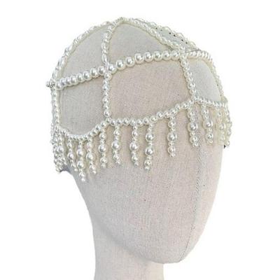Bride Hat with Hand Beading Shining Pearls Jewelry Hat Beaded Heavy Pearls Chain for Bachelorette Party