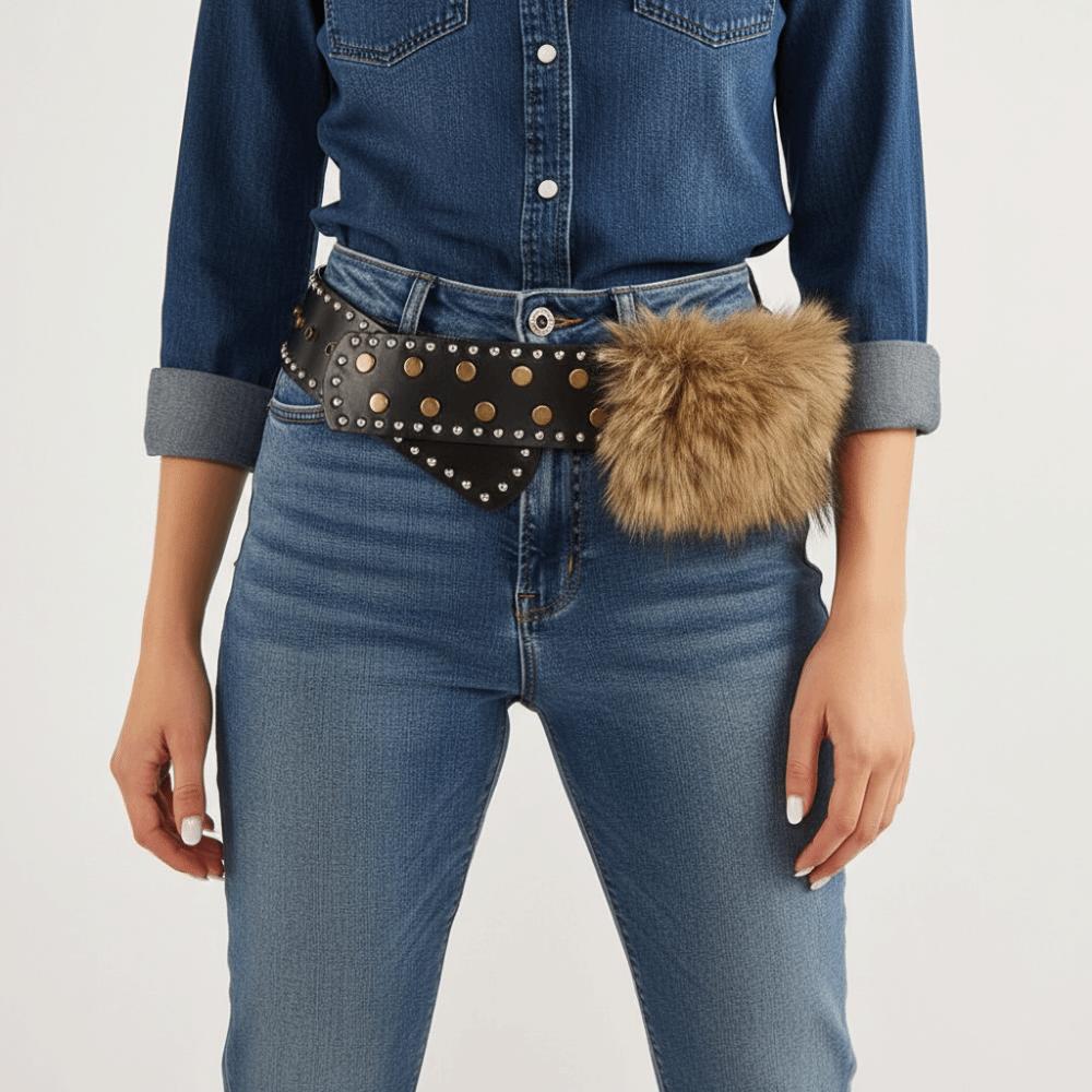 Wide Leather Fur Belt Rivet Y2K Waistband Fashion Punk Style Belt Women