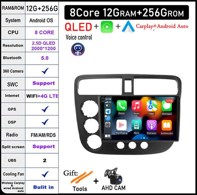 9 Lnch For Honda Civic 7 2000-2006 QLED Android 14 Car Radio Multimedia Video Player GPS AI Voice 4G CarPlay Head Unit Stereo