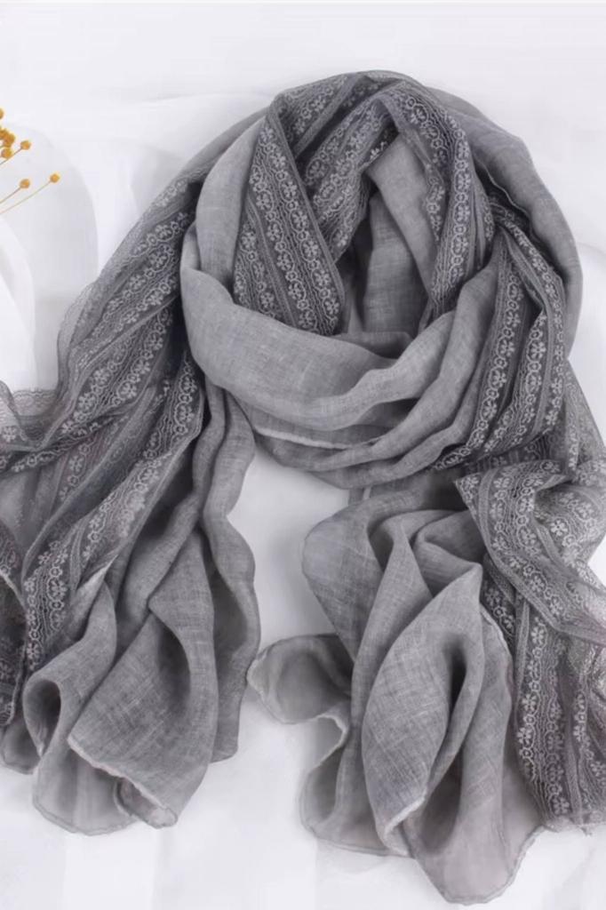 Gray Shawl with Lace 180X90 - Cotton with Polyester