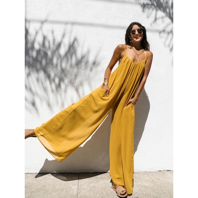 

European and American Women s Clothing Sexy V-neck Strap Loose Jumpsuit Women Sexy Suspender Jumpsuit Yellow XL