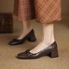 Casual Four-season Wear Single Shoes, Medium Heel, Square Heel, Rubber Low-top Shoes, One Pedal, Square Head, New Women's Small Leather Shoes