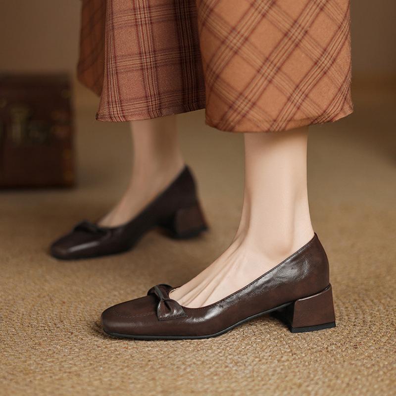 Casual Four-season Wear Single Shoes, Medium Heel, Square Heel, Rubber Low-top Shoes, One Pedal, Square Head, New Women's Small Leather Shoes