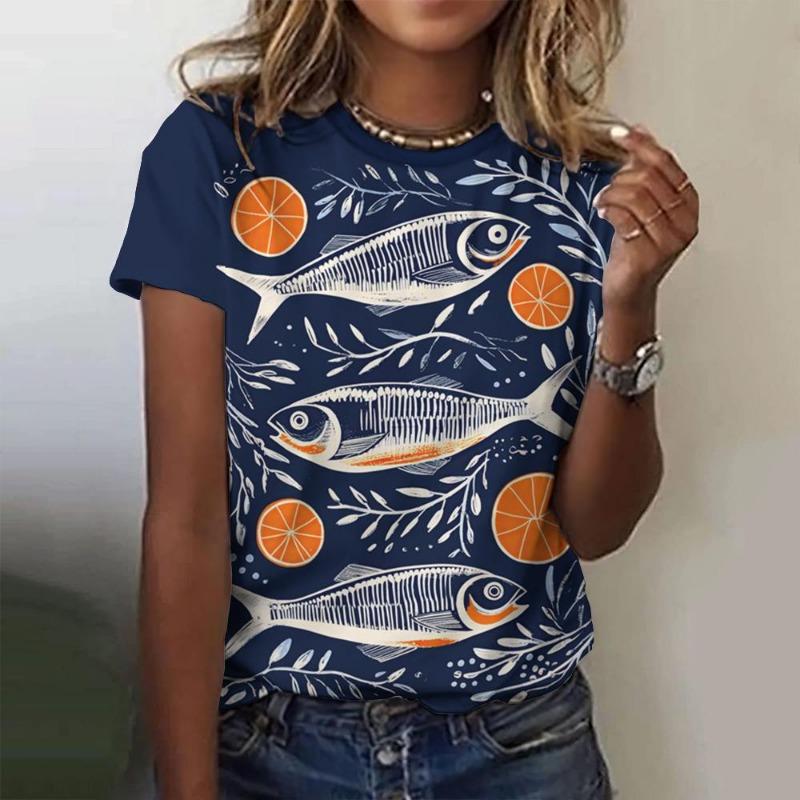 Camisetas de Verano con Estampado 3D de Peces Coloridos para Mujer Manga Corta Cuello Redondo Moda Casual Camisetas Harajuku Y2k Tops Ropa Femenina
