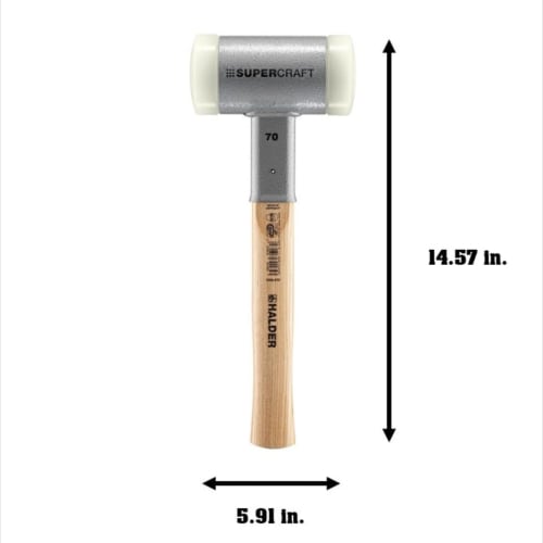 HALDER Shockless Recoilless Supercraft Hammer, Hickory Handle, Nylon (White), 70mm Diameter, 3366.070