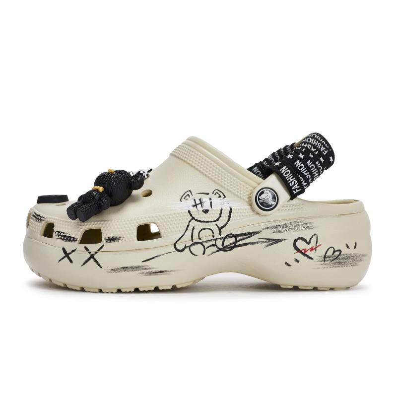 Crocs Classic Platform Clog EVA Graffiti Fashion Trend Comfort Gift Box Hole Shoes Women's Bone White and Black
