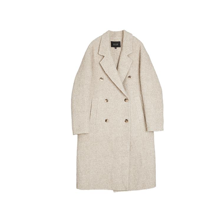 ELLE French Style Elegant Warm Mid-Length Solid Color Double-Breasted Coat Women Coats Beige EN49945
