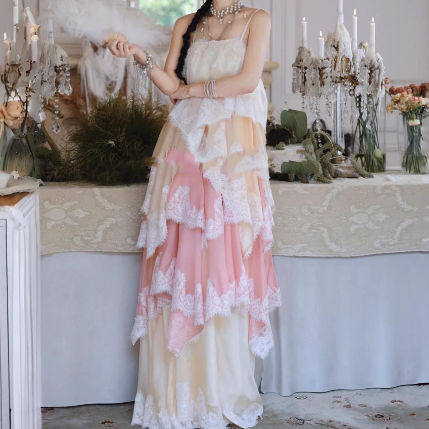 Sweet Gradient Lace Slip Dress - Women s Elegant Long Patchwork Design Medium