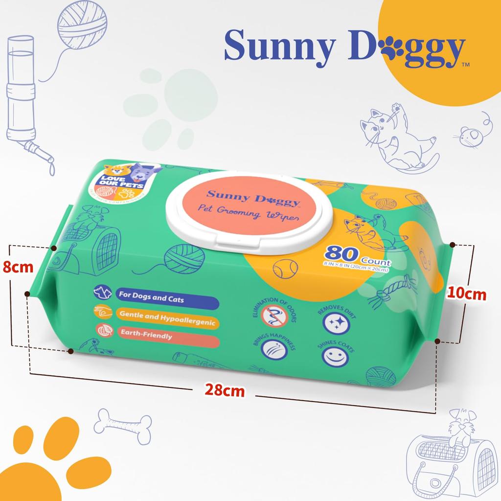 SUNNY DOGGY Pet Wet 80 Sheets x 6 for and and Other and Safe for Licks Wipes, Packs, Dogs, Paws, Ears, Eyes, All-Over Cleansing, Cats, Pets,