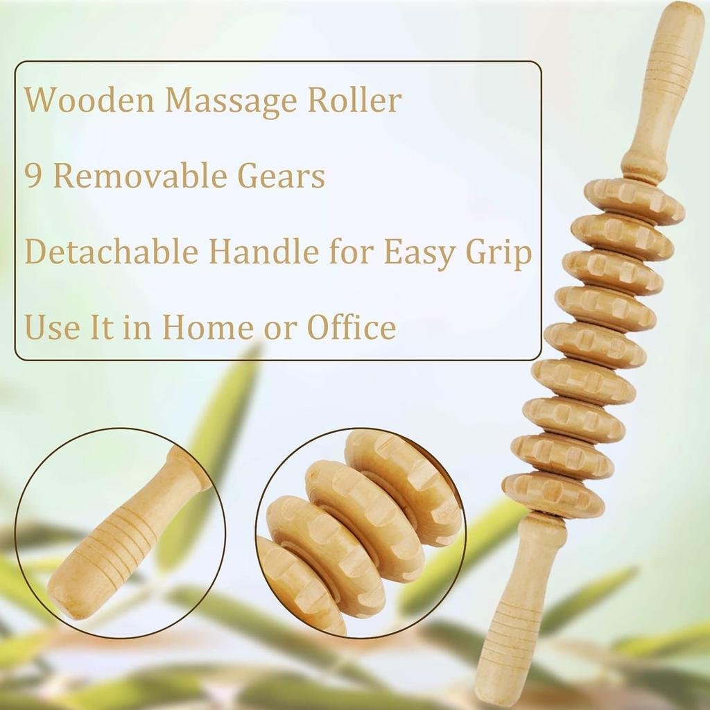 Alark Wooden Massager Gua Sha Stick Massage Tool Pain Relief Neck & Back Relax Professional Body Massager 9 Wheels Curved Roller Stick Sculpting