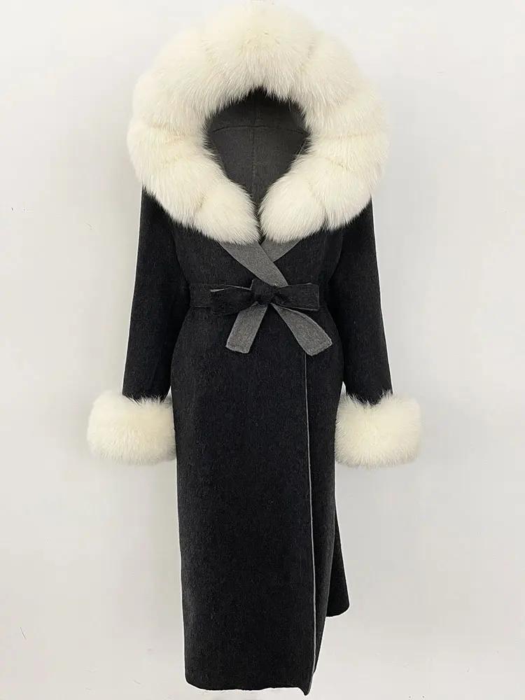 OFTBUY Winter Women Coat Real Natural Fox Fur Hooded Detachable Collar Double-faced Woolen Jacket Long Casual Elegant Overwears