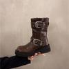 New Autumn Chunky Single Boots Women's Square Metal Belt Buckle Side Zipper Thick Sole Non-slip Mid-calf Boots