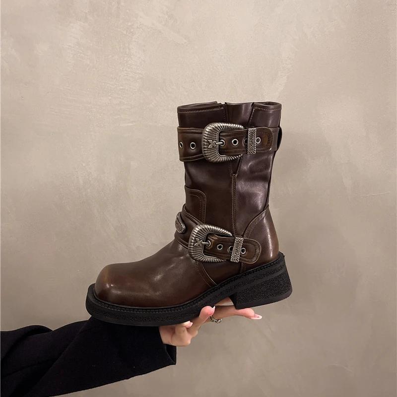 New Autumn Chunky Single Boots Women's Square Metal Belt Buckle Side Zipper Thick Sole Non-slip Mid-calf Boots