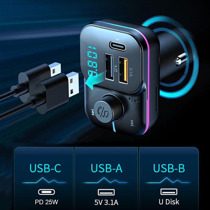 Car Fast Charge Bluetooth 5.0 FM Transmitter Dual USB Type C Player Music Handsfree with Color Aperture For IPhone Huawei Xiaomi
