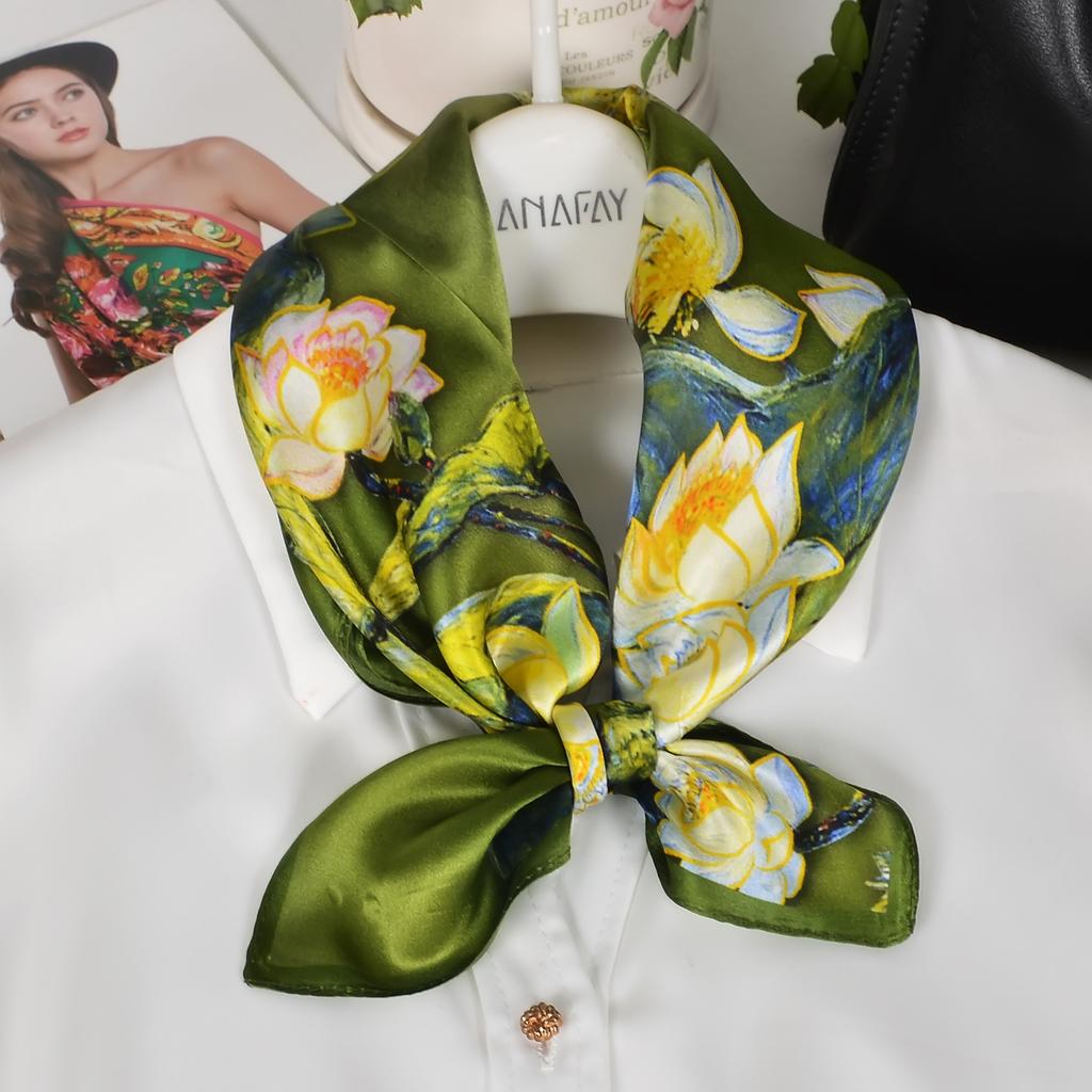 [BYSIFA] Blue Yellow Women Fashion Plaid Pattern 100% Silk Scarf Small Square Scarves Elegant Floral Ladies Hair Accessories