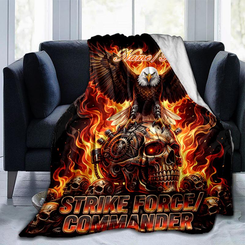 1PC Custom Name Eagle Skull Fire Power flannel blanket versatile,all-season throw suitable for the living room,bedroom,camping,travel,and gift