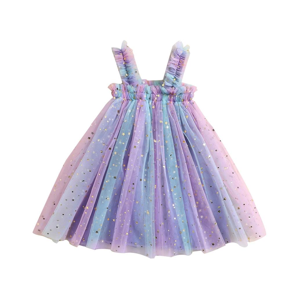 Batole Dívky Letní Neformální Sling Šaty Bez rukávů Hvězdy Potisk Barevné tylové šaty
