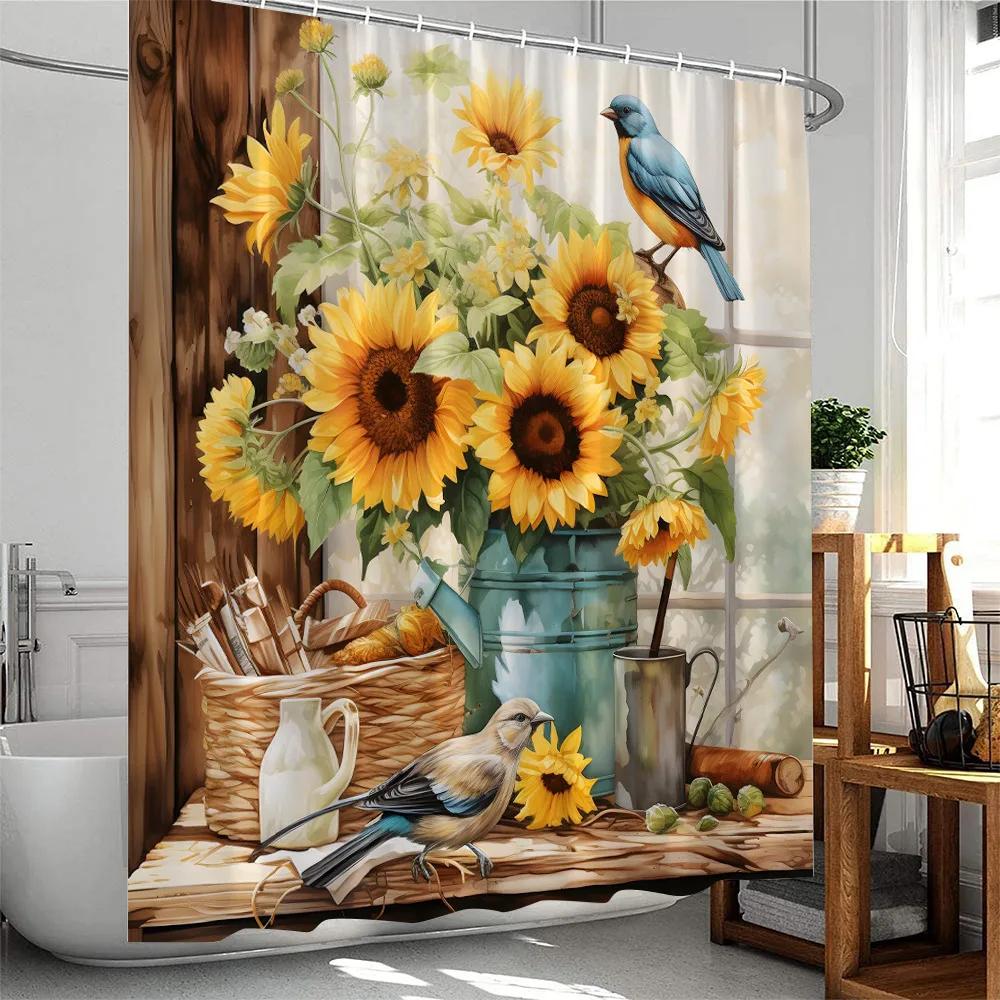 Sunflower Farmhouse Shower Curtain Countryside  Autumn FLowers Birds Butterfly Floral Bathroom Decor Polyester Bathtub Curtain