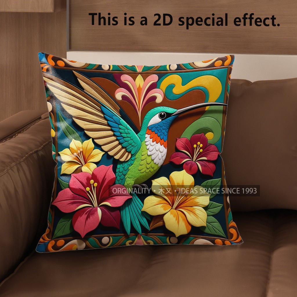 2D Vibrant Hummingbird Floral Throw Pillow Covers** Pattern Cushion Cover Suitable For Sofa Bedroom Car Pillow Cover