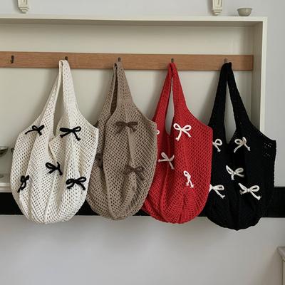 Retro Polyester Knit Tote Bag for Women Bow Woven Shoulder Handbag KTB