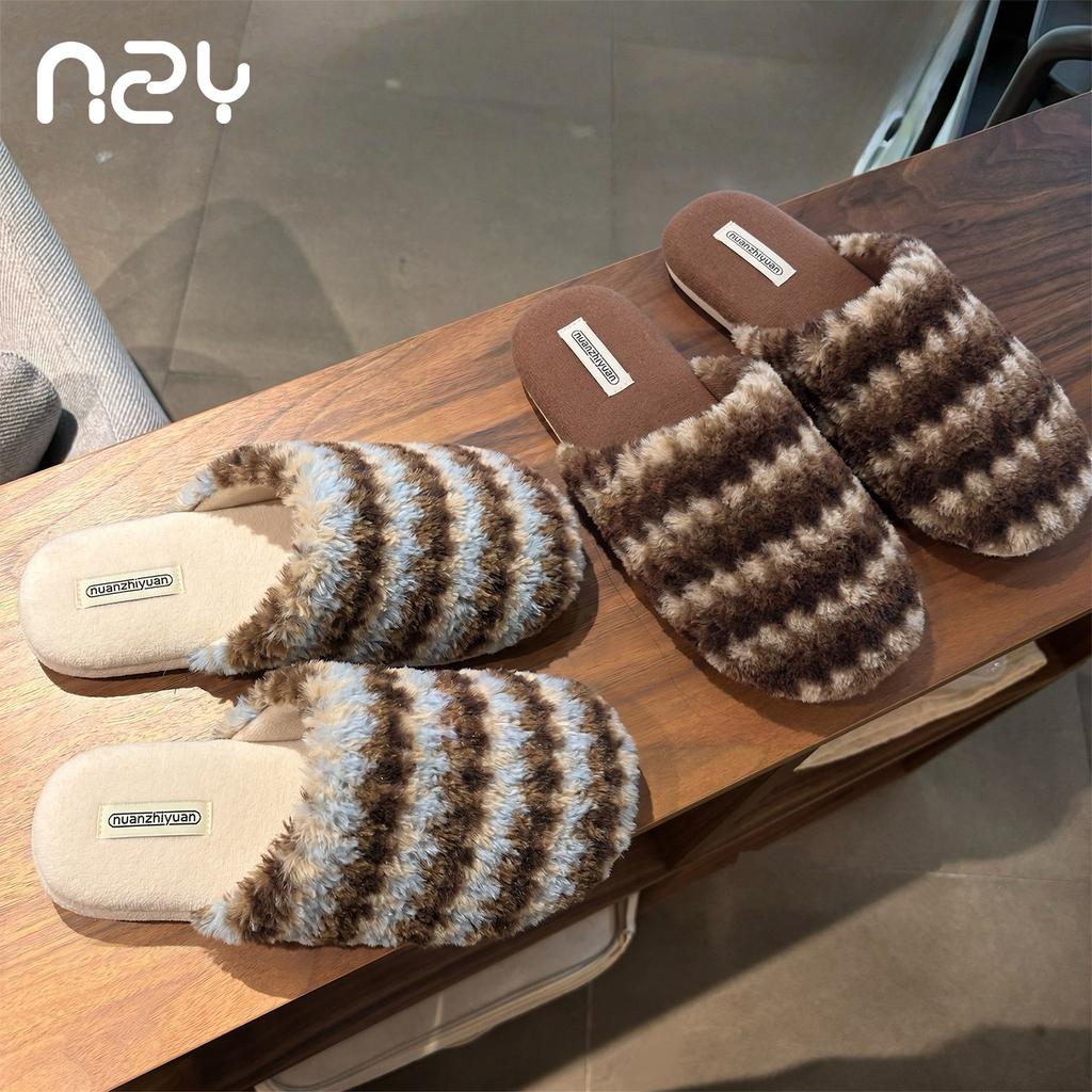 Retro plaid home cotton drag women's winter simple and light non-slip bedroom couple striped slippers men