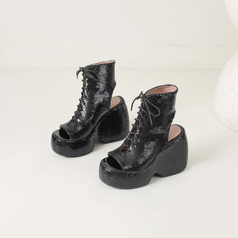 Krazing Pot Sequin Cloth Spring Summer Size 43 Size 42 Women Platform Women Peep Toe Toe Sexy Summer Boots Lace Up Pumps